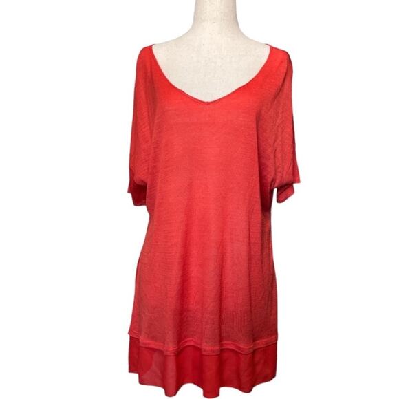 Eileen Fisher SILK Orange Loose Tunic Top Blouse Shirt Sheer Trim V Neck Med - Picture 2 of 13
